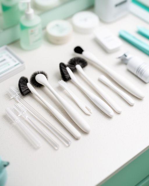 Mikrofaserbürsten, Applikatoren und kleine Pflege-Tools ordentlich arrangiert auf einer hellen Arbeitsfläche
