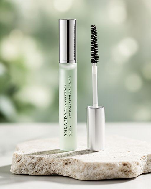 Elegantes Wimpernserum neben einer Bürste auf hellem Stein mit ruhigem, luxuriösem Studio-Look
