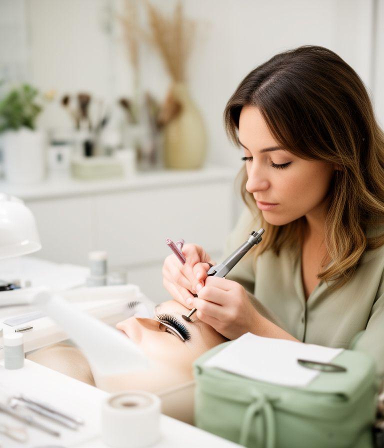 Lash-Artistin arbeitet in einem hellen Zürcher Studio mit ruhiger, gepflegter Arbeitsumgebung