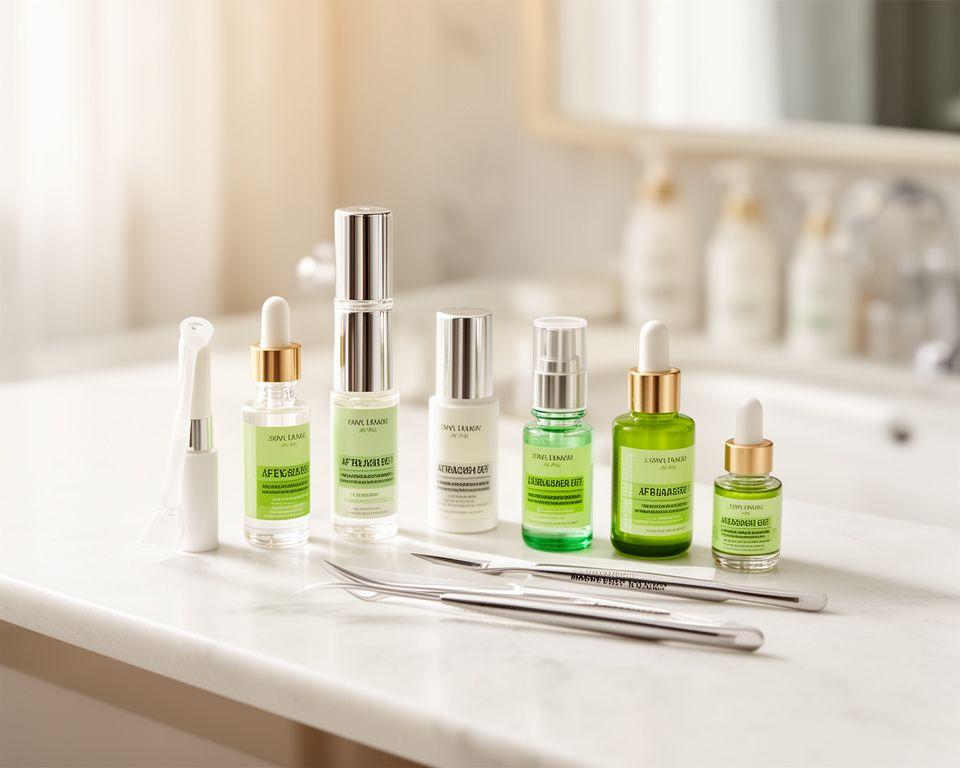 Luxuriöses Wimpern-Pflege-Set auf einem hellen Schminktisch in Zürich mit Shampoo, Serum und Applikatoren