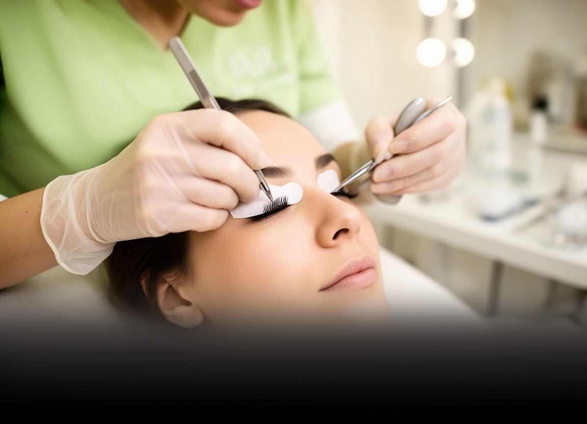 Wimpernstylistin in einem hellen Studio bei einer präzisen Behandlung mit luxuriösem Setting