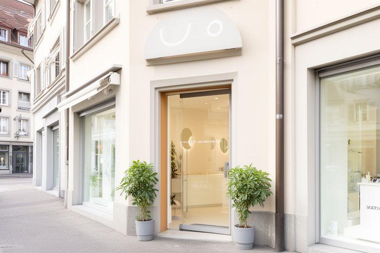 Eingang eines hellen Lash-Studios in Zürich mit dezenter Beschilderung und gepflegter Fassade