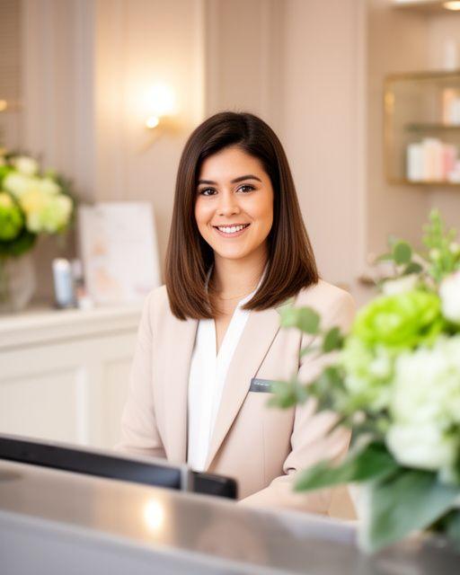 Rezeptionistin an einem eleganten Empfangstresen mit Terminkalender und frischen Blumen