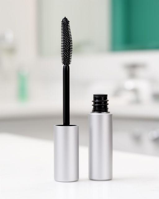 Spezielle Mascara für Wimpernverlängerungen auf einem cleanen Vanity-Tisch mit präzisem Bürstchen