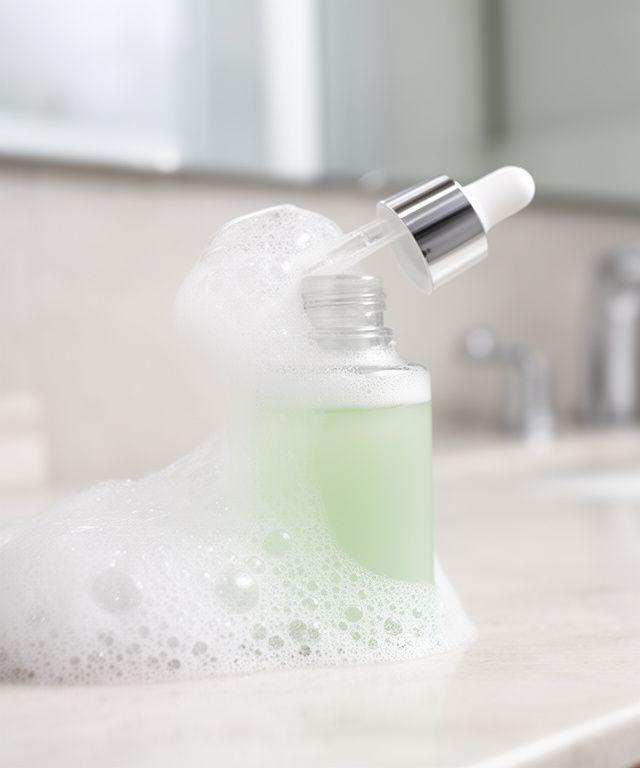 Milde Wimpernreinigung in einem stilvollen Bad mit sanftem Schaum und geöffnetem Produktflakon
